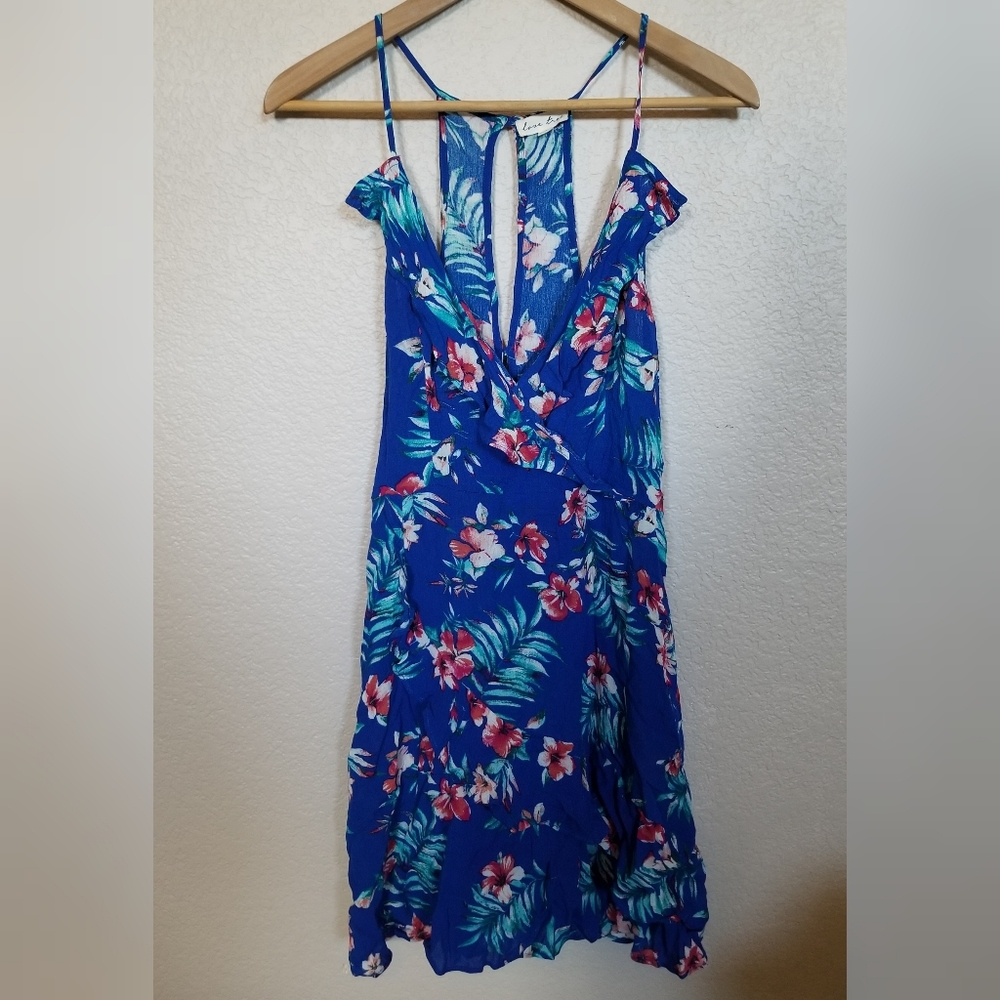 Love Tree Blue & Pink Tropical Floral Summer Dress Sz. Small